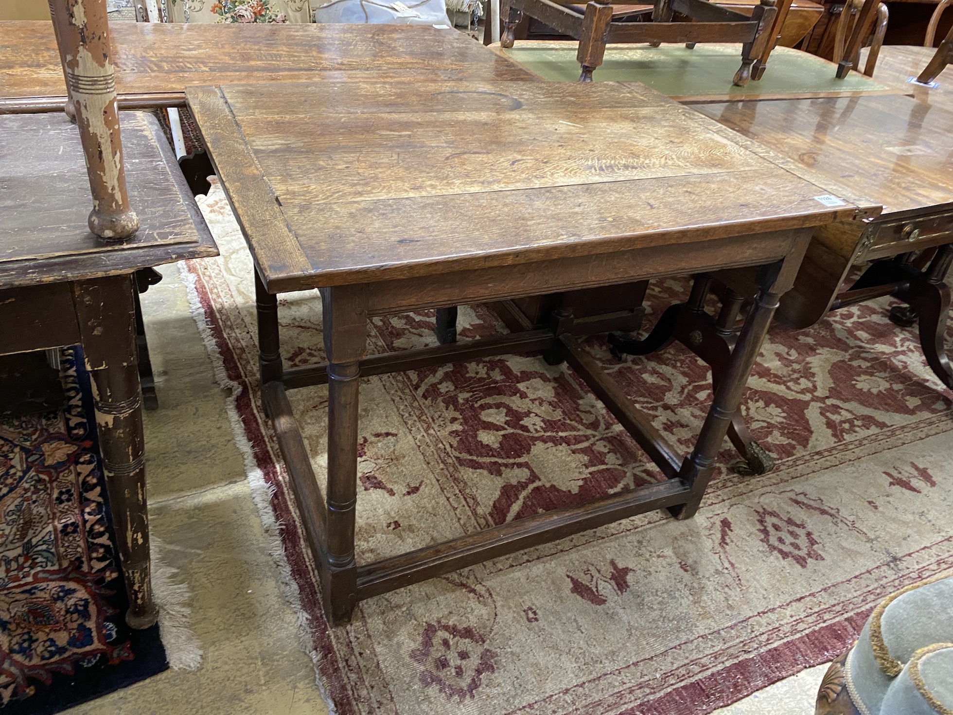 An 18th century rectangular oak side table, width 103cm, depth 74cm, height 78cm